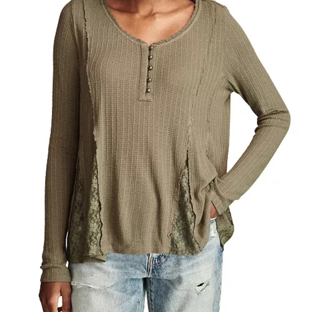 Lucky brand Henley v neck lace-godet swing top
